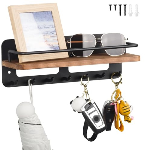 Geentargetel Colgador de llaves de madera con estante decorativo para pasillo, llavero de pared con 7 ganchos para entrada, pasillo, salón, dormitorio (negro)