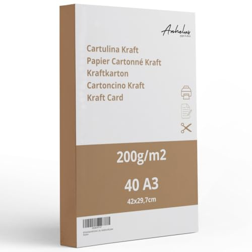 40 Fogli - Cartoncino Kraft A3 (42x29,7cm) | 200gr/m2 (0,3mm di spessore) | Cartone Naturale Marrone Extra Forte | Cartoncino creativa spesso per artigianato - Scrapbooking