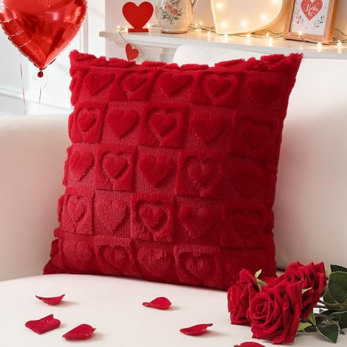 Sungeek 1 Stück Herz Kissenbezug, Sanft Plüsch Kurze Wolle Samt Kissenbezüge Dekorative Romantische Liebe Zierkissenbezüge Modern Deko Kissenhülle für Sofa Wohnzimmer Schlafzimmer (40x40 cm, Rot)