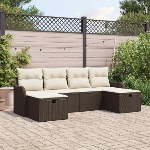 Frdhee Muebles de jardín para porche, sofá con cojines 6 piezas marrón y crema de poliratán, grupo de banco de esquina para interior y exterior