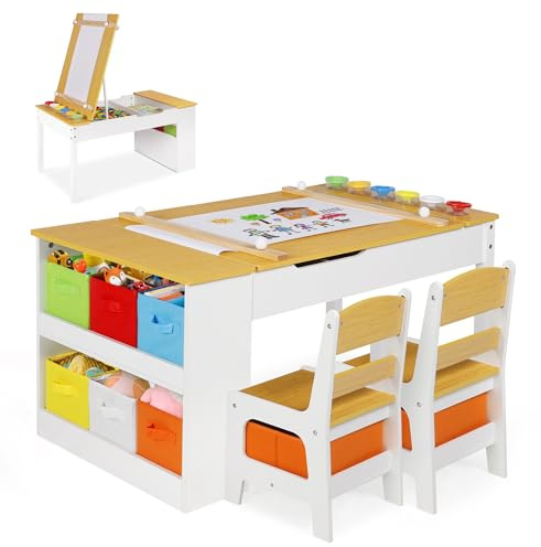 ROCSUMOO Kinder-Kunsttisch-Set mit 2 Stühlen - Holzerner Aktivitätstisch für Kleinkinder mit Verstellbarer Tischplatte, Farbpigment-Eimer und 8 Stoff-Aufbewahrungsboxen (Natürlich)