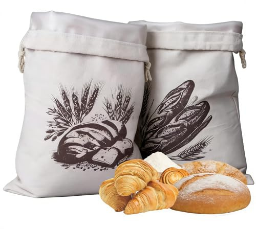 2 Pack Bread Bags 30x40cm Reusable Linen Bread Bags with TPU Lining Food Bread Storage Bags with Drawstring for Homemade Breads Potatoes, Waterproof and Oilproof Storage Bags, Easy to Clean