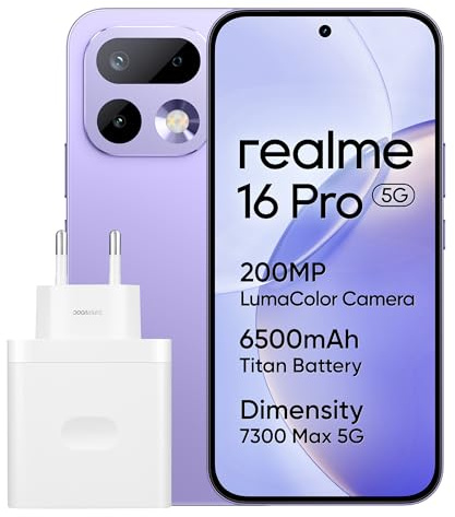 realme 16 Pro 5G Smartphone, Fotocamera Periscopica Sony, 8GB RAM +512GB ROM, Display Curvo 120Hz, Dimensity 7300 Max 5G, Ricarica 67W SUPERVOOC, Dual SIM Android, Viola orchidea