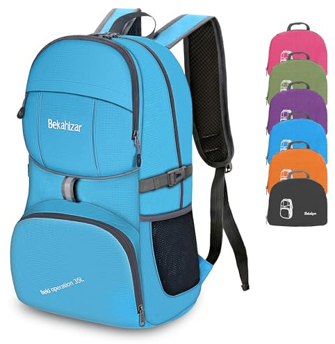 Bekahizar Lightweight Foldable Backpack 35L Hiking Rucksack Daypack Packable Travel Day Bag for Men Women Teens Outdoor Sports Walking Camping Travelling Cycling (Blue)