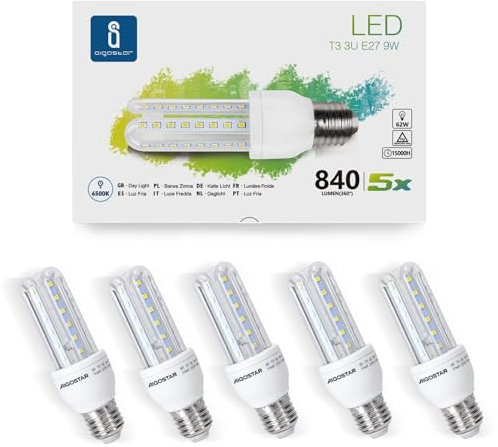 Aigostar Led Leuchtmittel E27 9W ersetzt 62W Kaltweiß Glühlampen Birne 6500K 840 Lumen Groß Abstrahlwinkel 360°Mais Glühbirnen T3 3U 5er Verpack