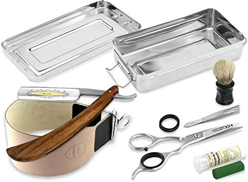 Solingen Paste Made in Germany im Rasiermesser Set | Rasier Set Zubehör | Extra breites Abziehleder | Holzgriff Rasiermesser mit Goldätzung