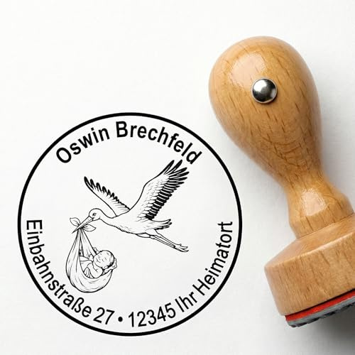 Stämpel adressstämpel Heamme diameter ca Ø 40 mm – med personlig adress, motiv och dekorativ kant – yrke födelsehjälp klapperstork