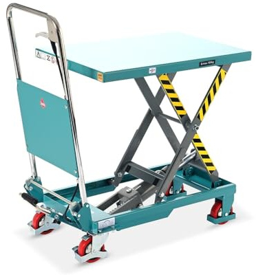 Ameise Scheren-Hubtischwagen | 300 kg Tragkraft | 880 mm Hubhöhe | 850x500 mm Plattform | Fahrbarer Hubtisch mit klappbarem Bügel und Bremse | Fußbetriebene Hydraulikpumpe | Stahl | Türkisblau