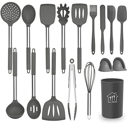 AILUKI Silikon Kochgeschirr Set, Küchengerät 17 teiliges Küchenhelfer Set, Antihaft Hitzebeständiger Silikonspatel Set, Küchenutensilien mit Edelstahlgriff Grau