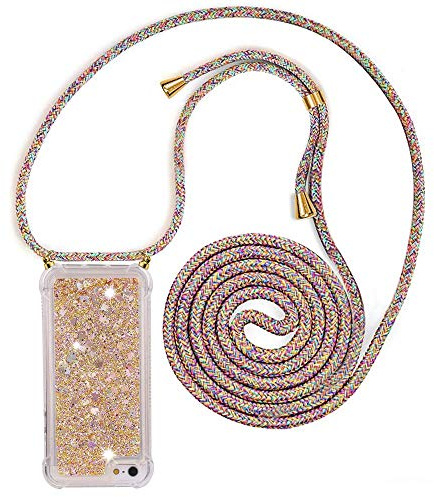 YuhooTech Handykette Hülle Kompatibel mit iPhone 5 / 5S / SE Handyhülle Quicksand Glitzer Hülle mit Band - Silikon Handyhülle mit Kordel Umhängenband - Schnur mit Treibsand Case zum Umhängen