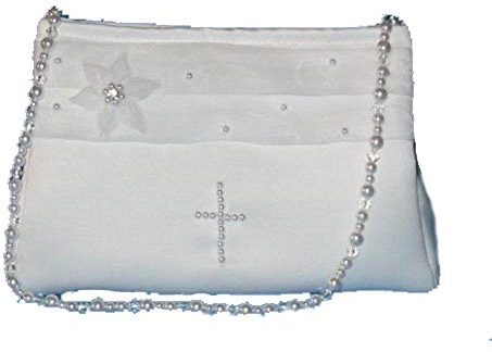 LadyMYP© Brauttasche/Brautbeutel/Handtasche mit Perlen-Blümchen und Perlen in Kreuzform mit Perlenkette für Hochzeit Kommunion weiß/Ivory NEU