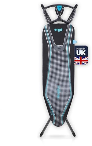 Minky Ergo Prozone Ironing Board | Made in UK | Dual Iron Rest, Heat Reflective Cover, Thick Felt Underlay - Freestanding Ironing Board with Large 48 x 15 Ironing Surface (Gunmetal and Blue)