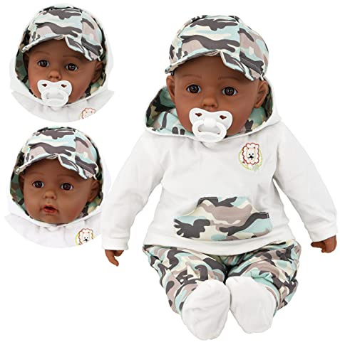 BiBi Doll 20 Black Ethnic Baby Boy Doll - Large Lifelike Size, Soft Body, with Dummy & Sounds in Camo Outfit, Toy for Boys & Girls Aged 18 Months+