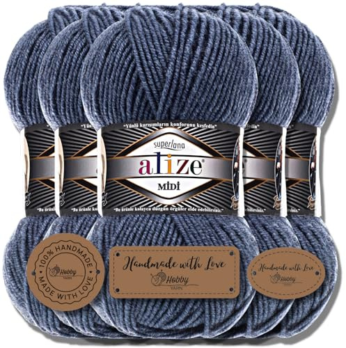 Hobby YARN 3x Etikettenlabel mit Alize Superlana Midi Wolle Premium 5x100g als Set, Yarn, Garn, Strickgarn, Einfarbig, Baby, zum Häkeln, Stricken, Kleidung, Schals (Denim Melange | 203)