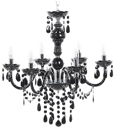 Beliani Grand Lustre Noir en Métal avec Cristaux pour 6 Ampoules E14 Max. 40W Solution d'Éclairage Idéale pour Salon ou Salle à Manger Vintage Rétro
