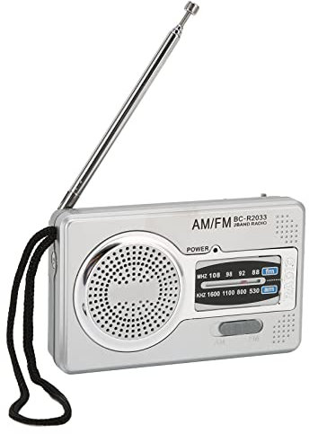 Bewinner Pocket AM FM Radio, Portable Mini Transistor Radio Chip, Battery Powered Compact Radios Player with Antenna, Loudspeaker, Headphone Jack, Silver Gray