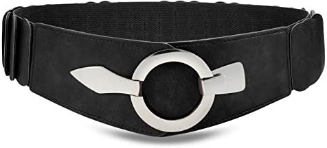 WHIPPY Breit Elastischer Taillengürtel Damen Hüftgürtel Vintage Stretchgürtel mit silberner Ring-Schließe,Schwarz,85cm