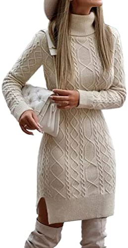 Onsoyours Robe Pull Femme Casual Manches Longues Col Roulant Tricotée Hiver Slim Fit Mini Loisirs Couleur Unique Beige M