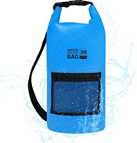 Bojury Waterproof Dry Bag Backpack 30L with Mesh Pocket Adjustable Strap - Roll Top Portable Dry Sack for Kayaking Boat Tour Canoe Swimming Snow Boarding-Blue Fishing Rafting