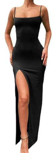 QKEPCY Sexy Kleid Damen Partykleid Damen Bodycon Kleid Spaghettiträger Midikleid Asymmetrisch Figurbetontes Ärmelloses Kleid Enger Sommerkleid Partykleid mit Schlitz (Schwarz L)