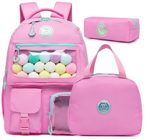 ZBAOGTW Cute Pink Aesthetic Backpack for Girls, 16.5inch Modern Aesthetic School Backpack with Lunch Box and Pencil Case, 20L Capacity, Sports Theme, Multi-Sport, Unisex, Preschool