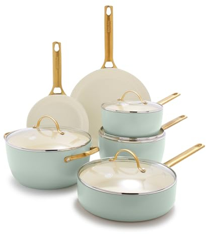 GreenPan Reserve Set di Pentole Antiaderenti in Ceramica Anodizzata Dura, 10 Pezzi, Include Padella, Padella Sauté e Casseruola, Manico Oro, Senza PFAS, Induzione, Forno Sicuro, Menta Verde