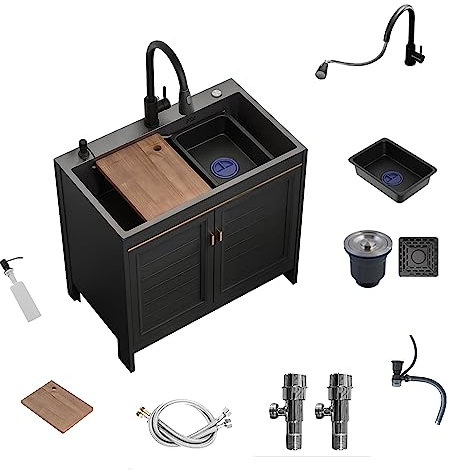 Lavello Cucina con Mobile,Cucina Componibile,Lavandino Cucina Multifunzione,Lavello in Acciaio Inox,Lavello da Esterno Giardino,con Rubinetto Estraibile,Distributore di Sapone,Componenti di Drenaggio