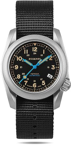 Boderry Herren-Armbanduhr, Titan, automatisch, 40 mm, Militäruhr, Tag-Datum-Funktion, wasserdicht, 100 m, mit Nylonarmband, mechanisches japanisches Uhrwerk und Krone mit