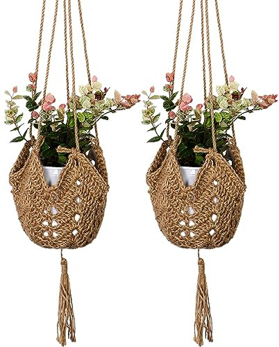 LINXIU Hanging Planters Baskets Jute Rope Macrame Plant Hanger with 2 Hanging Hooks Wall Hanging Flower Pot Holder for Home Decor 2 Pack