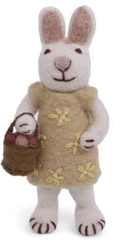 Én Gry & Sif handgefilzter Osterhase mit Ornament - Hase - Anhänger aus Filz - Ostern-Deko - fair Trade (weißer Hase mit Kleid Korb)