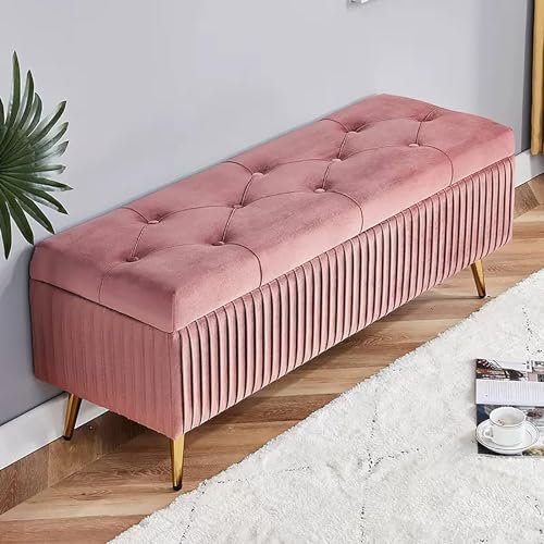Moderne Samt Stauraum Sitzbank Sitz,Polsterte Fußstütze Ottomane mit goldenen Metallbeinen,Sitzbank Mit Stauraum,Ende der Bettbank Eingangsbank für Wohnzimmer Schlafzimmer (Pink A, 120*40*45cm)