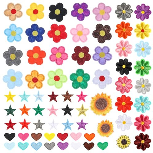 Bewudy 71 Stück Flicken zum Aufbügeln Kinder Set, Blume Patches zum Aufbügeln Stern & Herz Aufbügler Klein Bunt Bügelbild Aufnäher zum Aufbügeln Bestickte Aufnäher für Jacken Jeans Hut DIY Dekoration