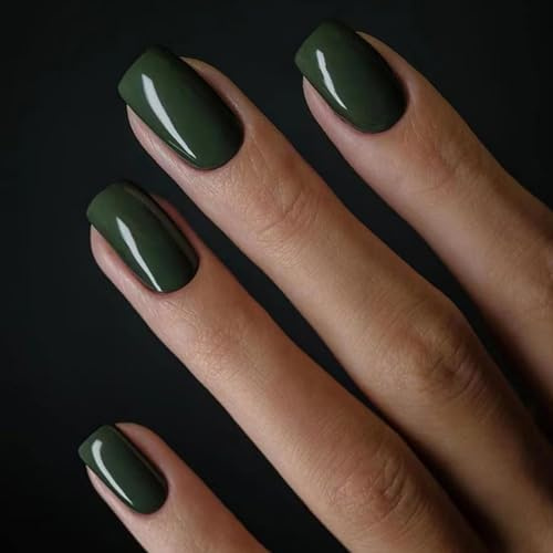 Ceboic 24Pcs French Press on Nails Kurz, Eckig Nägel Zum Aufkleben Einfarbig Acrylic Kunstnägel Fake Nails, Natürliche Fingernägel Künstliche Nägel für Frauen Mädchen DIY Nail Art (Dunkel Grün)