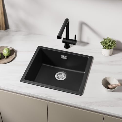 CECIPA Spülbecken 50x44cm, 80% Quarzsand Küchenspüle, 1 Becken Spüle Schwarz inkl Siphon & Über, Granitspüle für Unterschränke ab 50 cm Breite