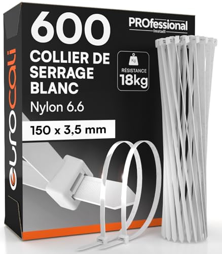 600 Serres Cables Blancs en Plastique 150mm - Colliers de Serrage Electicien Petits en Nylon 6,6 Autobloquants Force de Serrage 18Kg avec Dents Antidérapantes Résistants Feu Chaleur et Gel - 150x3,5mm