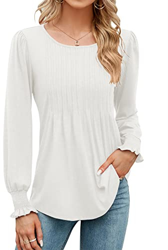Rapbin Womens Pleated Tunic Tops Long Sleeve Blouses O Neck Top Ladies Tshirts Loose Elegant Spring Autumn Shirts(White,M)