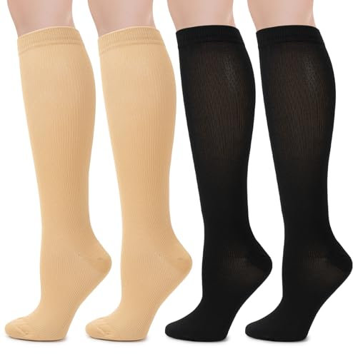 2 Pairs Compression Socks for Women Men, Flight Compression Stocking Socks, knee-high support socks Varicose Veins Socks Pressure Socks Travel Socks for Women Pregnancy (Black+Khaki, L/XL)