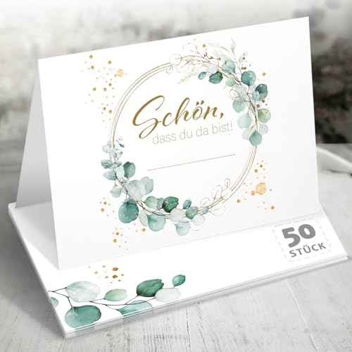 50x Tischkarten Hochzeit Eukalyptus – Schön, DASS du da bist – Florales Design mit Goldakzenten, Namenskarten Platzkarten für Hochzeit, Geburtstag, Konfirmation, Design Edition, Funke & Brand