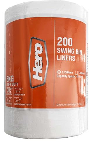 Hero Swing 45l Bin Bags Liners White Strong Refuse Sacks Tear Resistant Rubbish Bags, Easy Dispense, Recycled Plastic Roll of 200 - Household, Work, Office & Commercial -White
