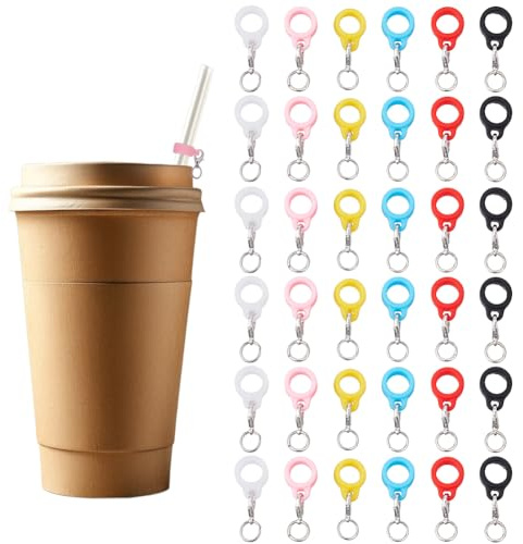 DELORIGIN 36pcs 6 Colors Silicone Straw Pendant with Alloy Lobster Clasps Reusable Straw Toppers Charm Adapters Keychain Charms Cup Handle Chains Clips Silicone Straw Pendants for Tumbler Cup