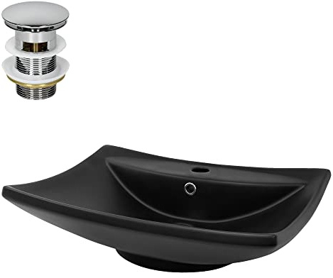 LuxeBath Waschbecken Keramik 610x455x185 mm Schwarz mit Ablaufgarnitur Silber, Aufsatzbecken mit Überlauf, Aufsatzwaschbecken für Badezimmer/Gäste-WC, Waschtisch Waschschale Waschplatz Handwaschbecken
