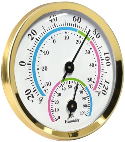 Garneck Termómetro Higrómetro Colgante Para Interior y Exterior Con Dial De Temperatura Medición Automática Sin Batería Para Sauna Oficina Jardín y Hogar Carcasa Dorada Con Esfera Colorida