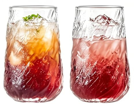 Haayymo 13oz Vintage Ribbed Highball Glasses Cups Set of 2, Tall Hi Ball Glass, Ribbed Glassware, Water Glasses for Juice, Beer, Coffee, Tea and Cocktail (Clear 400ml)