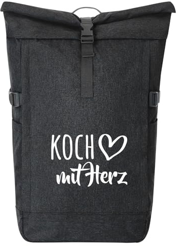 Huuraa Kurierrucksack Koch mit Herz 30-44 Liter Black Melange Fairtrade Rolltop Rucksack Geschenkidee