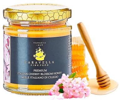 Miel de Fleurs de Cerisier 250 g Caravella Fine Food | Italien Fleurs de Printemps Pur Cru Riche en Antioxydants| Ambré Clair aux Notes Florales Fruitées |Idéal pour Thé Fromage Petit-Déjeuner Dessert