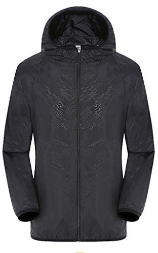 Mens Lightweight UV Protection Jacket Waterproof Windbreaker Hooded Packable Sun Protection Summer Coat Hiking Outdoor Travel Running Festival Rain Jacket (Black, XL)