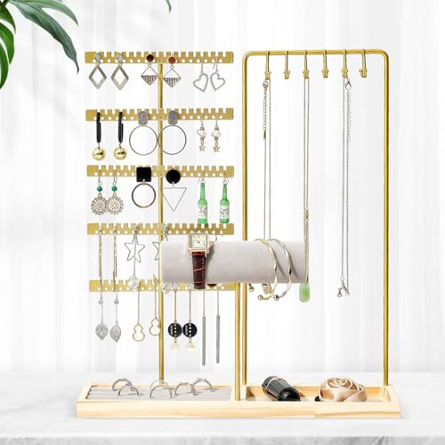Focenat Présentoir à Bijoux avec Base en Bois, Porte bijoux, Collier Bracelet, Porte Boucle d’Oreille, Porte-Bijoux avec Plateau et Crochets pour Range Bracelet Collier Bagues Montres