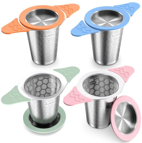 yomanta 4 Stück Teesieb für Losen Tee mit Deckel, Teefilter mit Hitzebeständiger Silikongriff, Tea Infuser 0.4mm Feines Netz, Teesieb Edelstahl 304, Teeei für Losen Tee