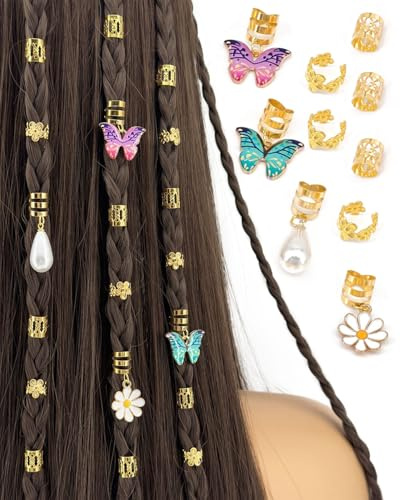 FUGLUS 34 PCS haarschmuck festival,Set Haarschmuck für Zöpfe, haarschmuck, Schmuck für Haar, Manschetten-Clips für Dreadlock-Zubehör, Haarspiralen Clips Haarschmuck für Dreadlocks für Mädchen Zöpfe