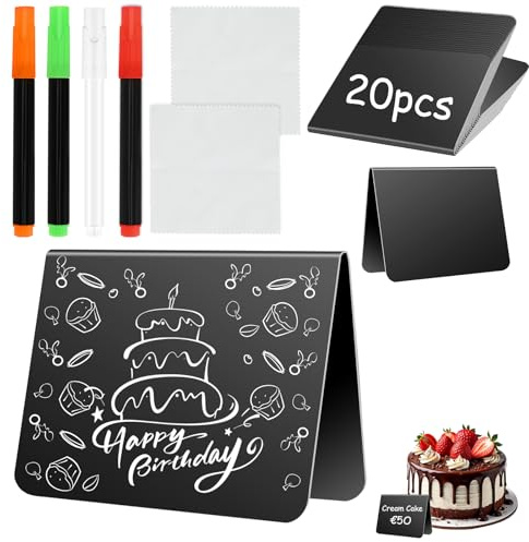 Zikenis 20 pièces Mini Tableaux Noirs,Ardoises en PVC Effaçables,Mini Panneau D'affichage,Étiquette Ardoise Buffet Chevalet avec 4 Feutres + 2 Chiffon,pour Mariage,Fête,Buffet,Boulangerie